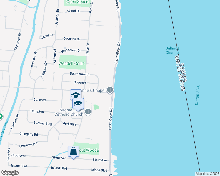 map of restaurants, bars, coffee shops, grocery stores, and more near 21390 East River Road in Grosse Ile Township