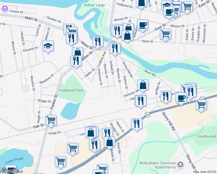 map of restaurants, bars, coffee shops, grocery stores, and more near 135 Devens Street in Springfield