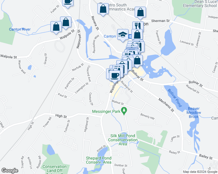 map of restaurants, bars, coffee shops, grocery stores, and more near 12 Capen Place in Canton
