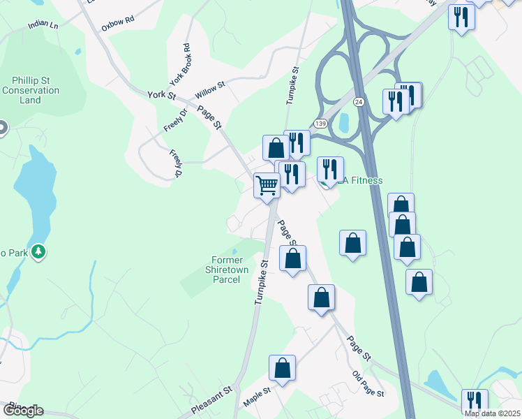map of restaurants, bars, coffee shops, grocery stores, and more near 14 Page Terrace in Stoughton