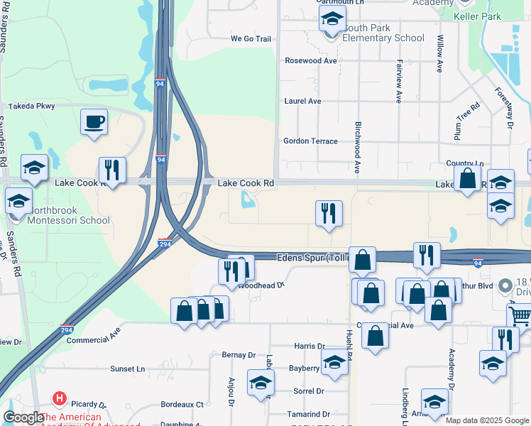 map of restaurants, bars, coffee shops, grocery stores, and more near 1627 Lake Cook Road in Deerfield