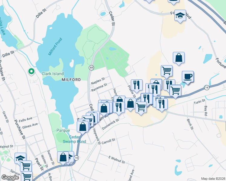 map of restaurants, bars, coffee shops, grocery stores, and more near 2 Cabot Road in Milford