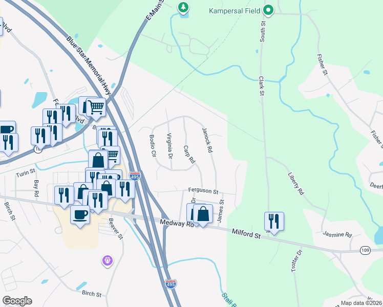 map of restaurants, bars, coffee shops, grocery stores, and more near 17 Carp Road in Milford