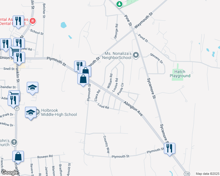 map of restaurants, bars, coffee shops, grocery stores, and more near 9 William Road in Holbrook