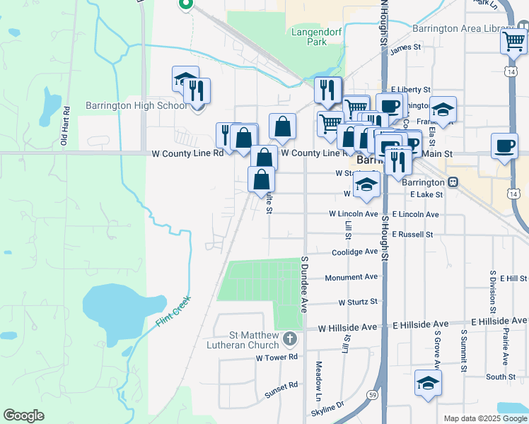map of restaurants, bars, coffee shops, grocery stores, and more near 410 South Lageshulte Street in Barrington