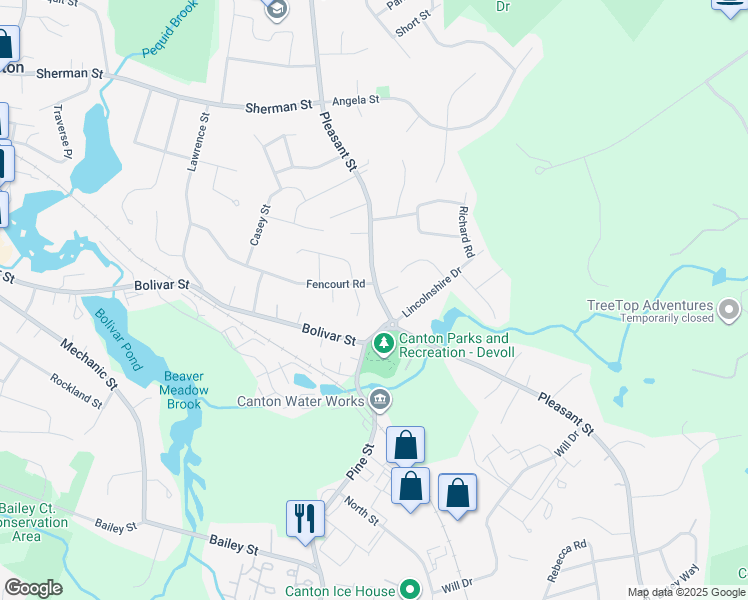 map of restaurants, bars, coffee shops, grocery stores, and more near 860 Pleasant Street in Canton