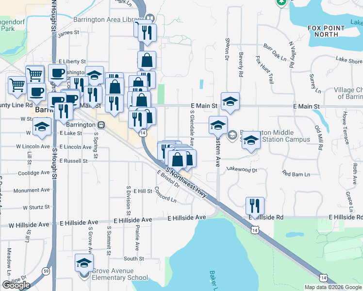 map of restaurants, bars, coffee shops, grocery stores, and more near 211 South Kainer Avenue in Barrington