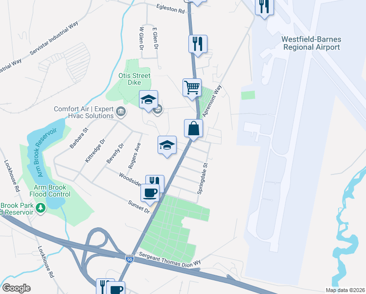 map of restaurants, bars, coffee shops, grocery stores, and more near 380 Southampton Road in Westfield