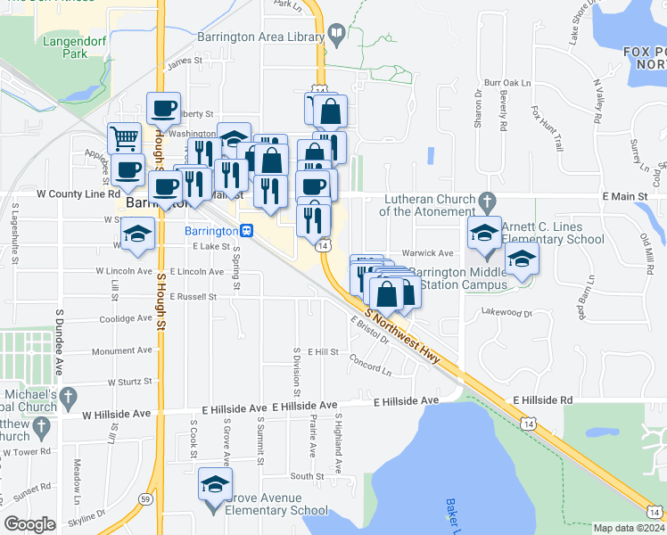 map of restaurants, bars, coffee shops, grocery stores, and more near 217 South Northwest Highway in Barrington
