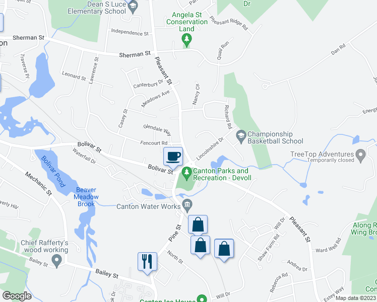 map of restaurants, bars, coffee shops, grocery stores, and more near 860 Pleasant Street in Canton