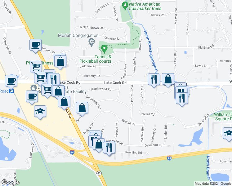 map of restaurants, bars, coffee shops, grocery stores, and more near 30 Pine Tree Road in Northbrook
