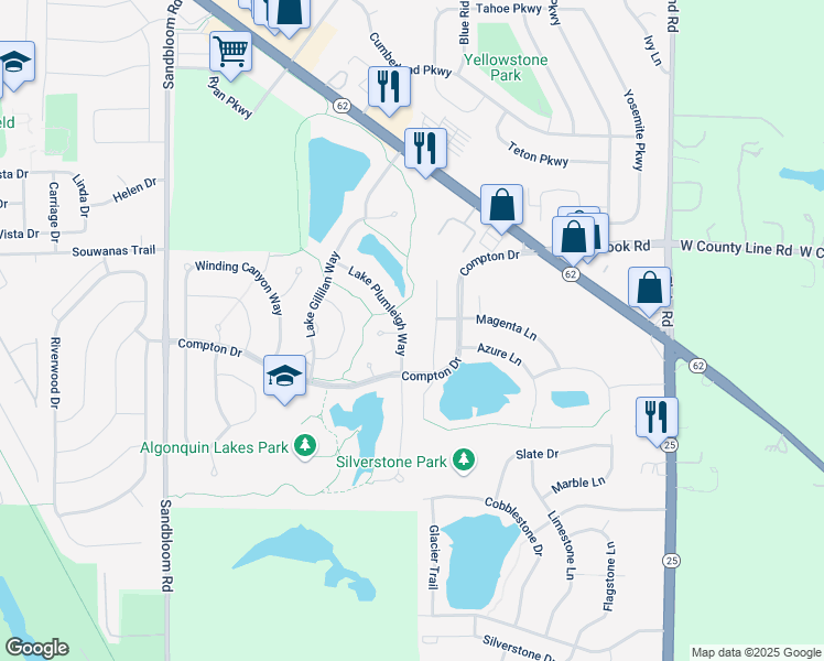 map of restaurants, bars, coffee shops, grocery stores, and more near 441 Lake Plumleigh Way in Algonquin