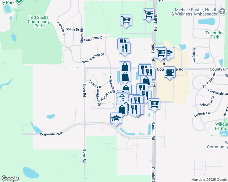 map of restaurants, bars, coffee shops, grocery stores, and more near 1571 Millbrook Drive in Algonquin