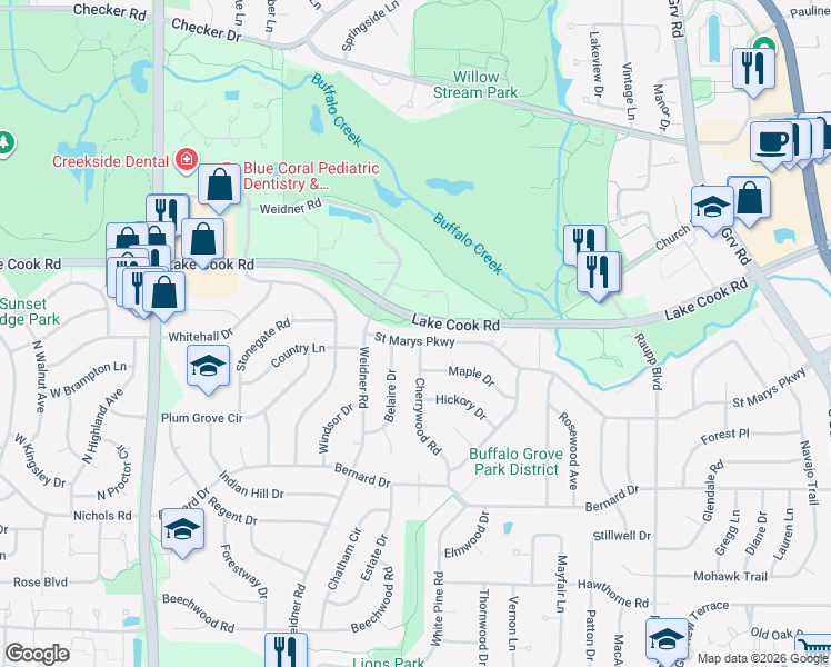 map of restaurants, bars, coffee shops, grocery stores, and more near 722 Saint Marys Parkway in Buffalo Grove