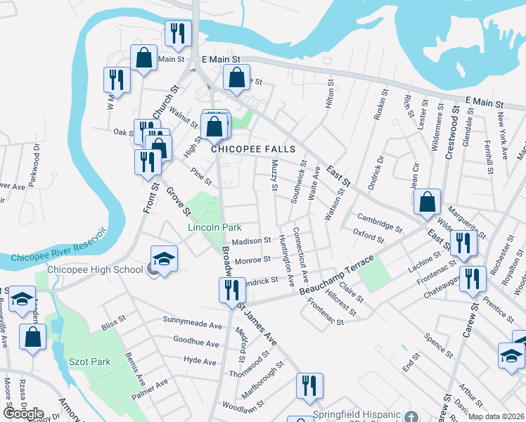 map of restaurants, bars, coffee shops, grocery stores, and more near 39 Washington Street in Chicopee