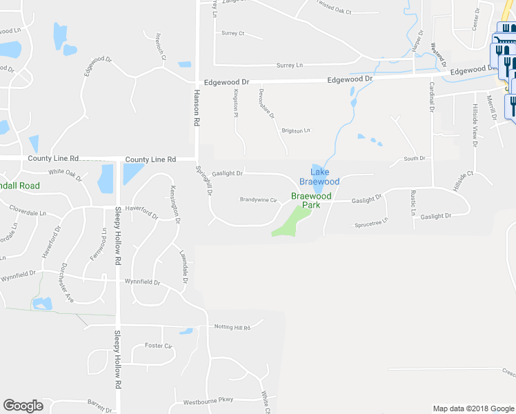 map of restaurants, bars, coffee shops, grocery stores, and more near 1315 Brandywine Circle in Algonquin