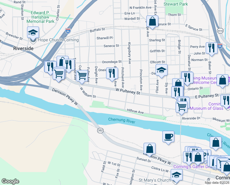map of restaurants, bars, coffee shops, grocery stores, and more near 196 West Pulteney Street in Corning