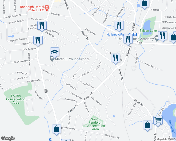 map of restaurants, bars, coffee shops, grocery stores, and more near 1 Gallagher Drive in Randolph