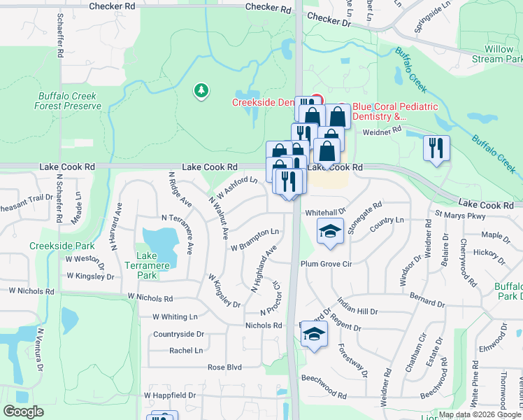 map of restaurants, bars, coffee shops, grocery stores, and more near 408 West Whitehall Drive in Arlington Heights