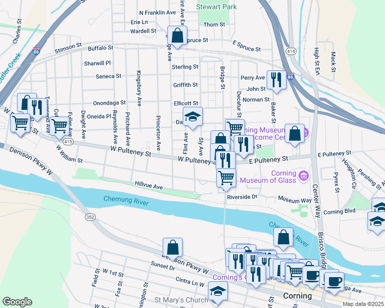 map of restaurants, bars, coffee shops, grocery stores, and more near 59 West Pulteney Street in Corning