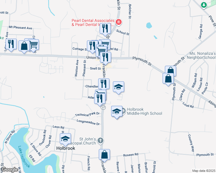 map of restaurants, bars, coffee shops, grocery stores, and more near 123 South Franklin Street in Holbrook