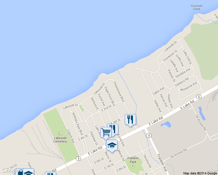 map of restaurants, bars, coffee shops, grocery stores, and more near 19 Eagle Point Blvd in Erie