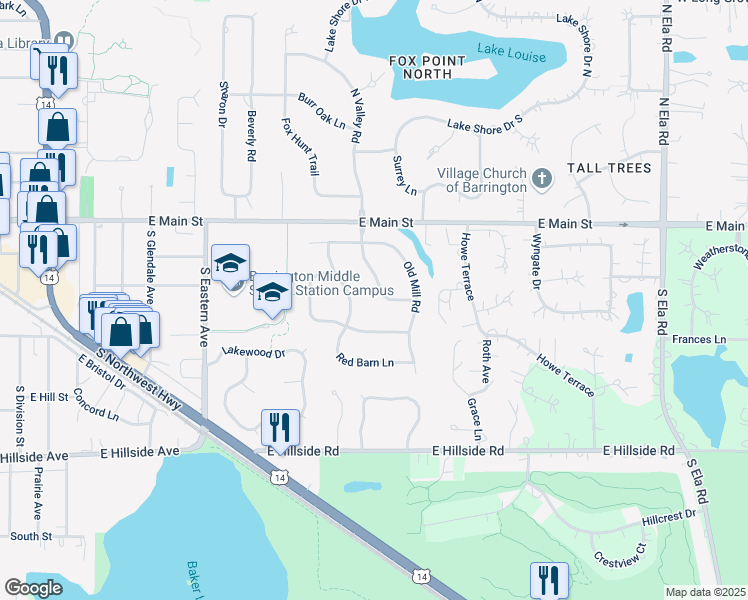 map of restaurants, bars, coffee shops, grocery stores, and more near 330 S Valley Rd in Barrington