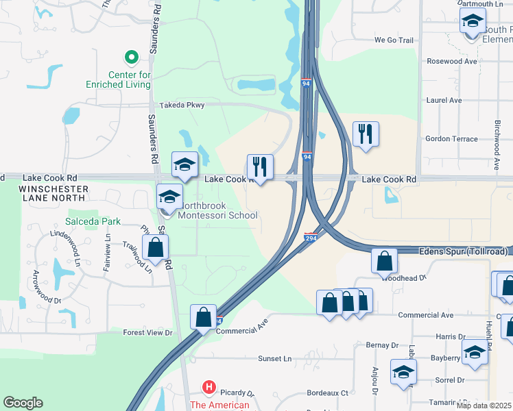 map of restaurants, bars, coffee shops, grocery stores, and more near 100 Pointe Drive in Northbrook