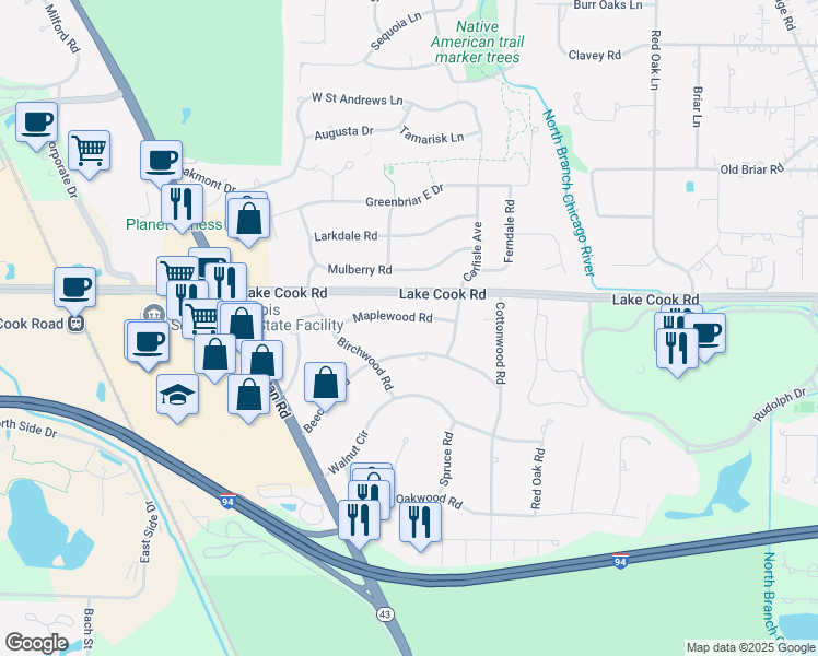 map of restaurants, bars, coffee shops, grocery stores, and more near 1945 Maplewood Road in Northbrook
