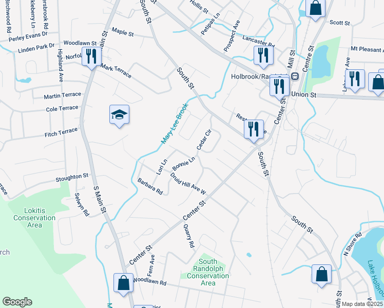 map of restaurants, bars, coffee shops, grocery stores, and more near 14 Bonnie Lane in Randolph