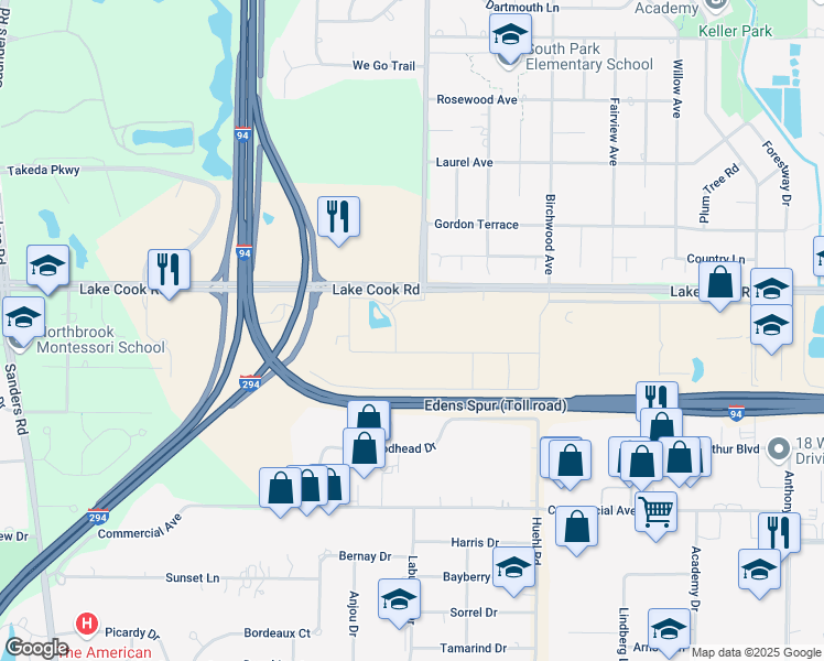 map of restaurants, bars, coffee shops, grocery stores, and more near 1627 Lake Cook Road in Deerfield