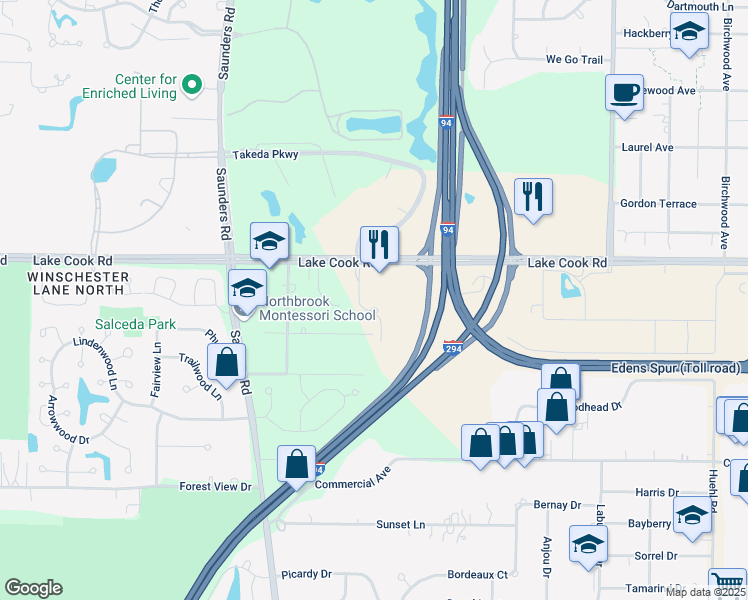 map of restaurants, bars, coffee shops, grocery stores, and more near 100 Pointe Drive in Northbrook