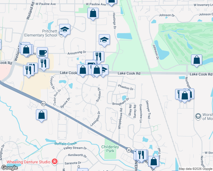 map of restaurants, bars, coffee shops, grocery stores, and more near 51 Phaeton Drive in Wheeling