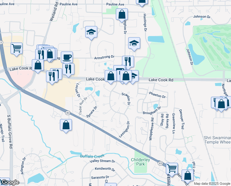 map of restaurants, bars, coffee shops, grocery stores, and more near 697 Oakmont Lane in Wheeling