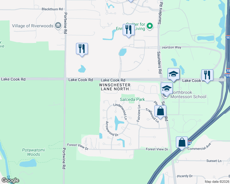map of restaurants, bars, coffee shops, grocery stores, and more near 39 Caribou Crossing in Northbrook