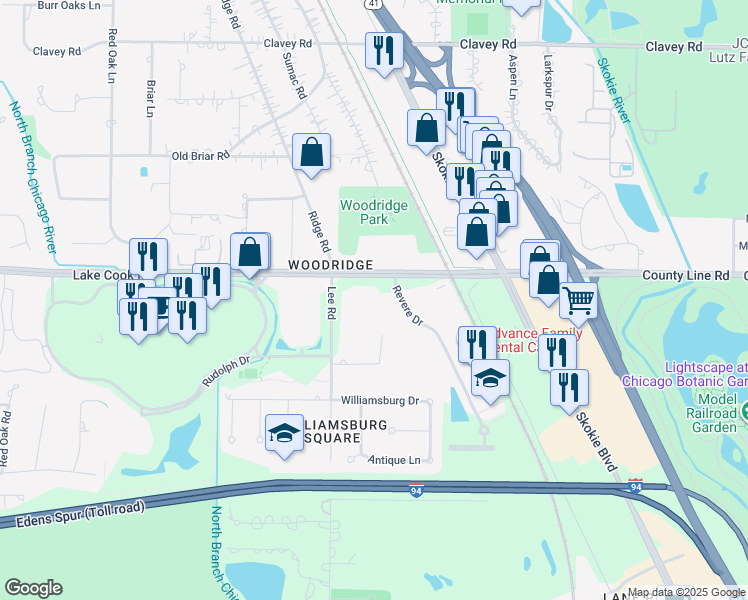 map of restaurants, bars, coffee shops, grocery stores, and more near 1100 Longmeadow Road in Northbrook