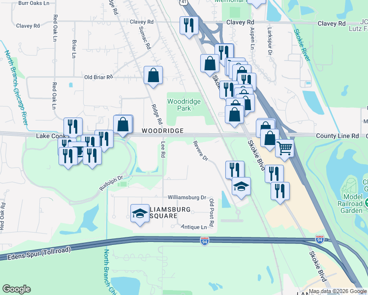 map of restaurants, bars, coffee shops, grocery stores, and more near 1100 Longmeadow Road in Northbrook