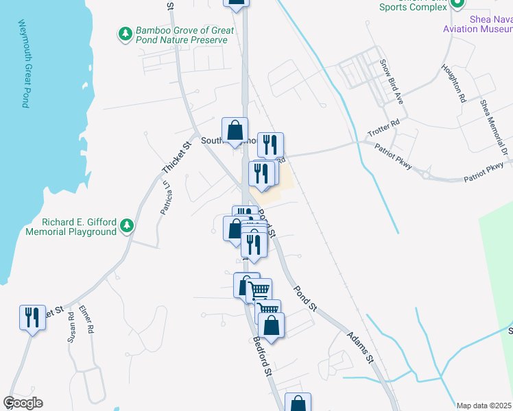 map of restaurants, bars, coffee shops, grocery stores, and more near 1530 Main Street in Weymouth