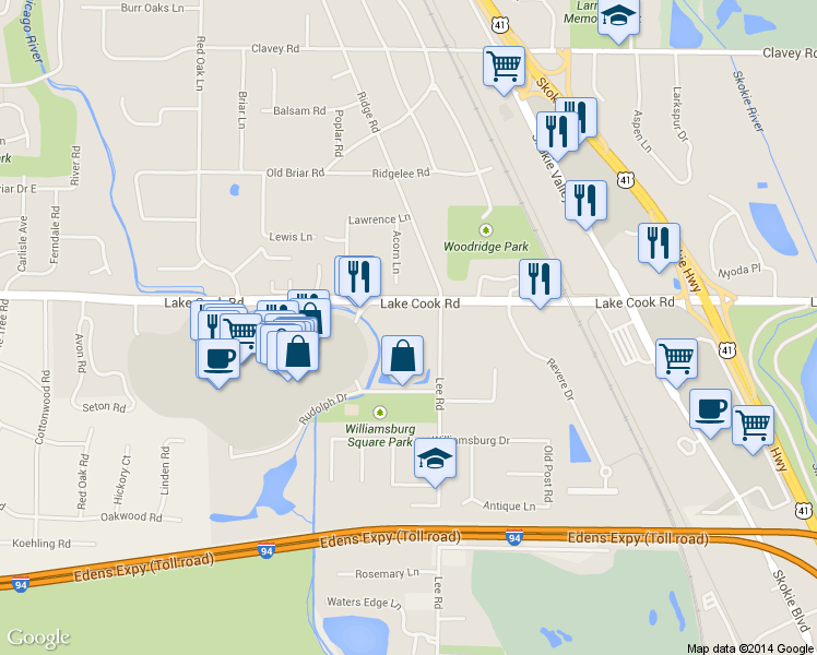 map of restaurants, bars, coffee shops, grocery stores, and more near 1220 Rudolph Drive in Northbrook