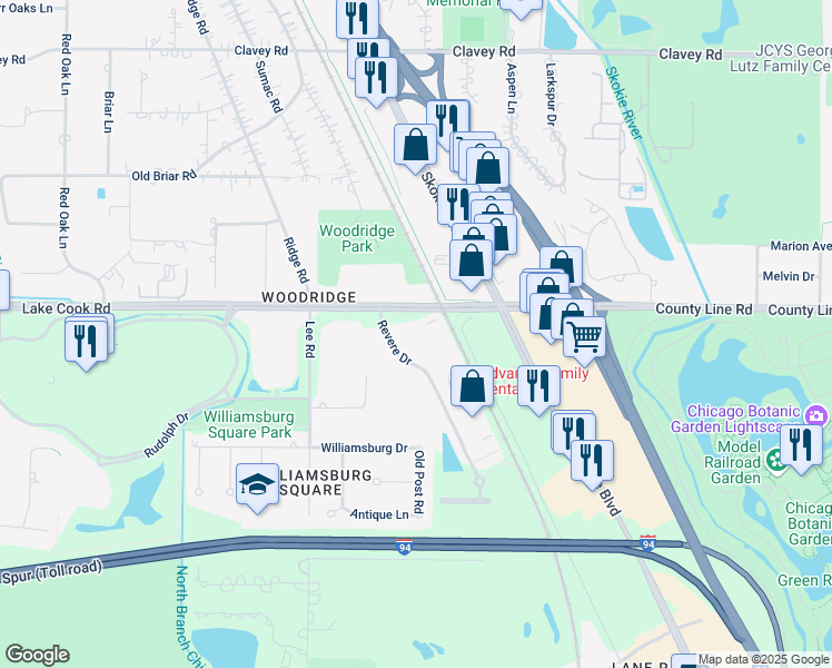 map of restaurants, bars, coffee shops, grocery stores, and more near 5 Revere Drive in Northbrook