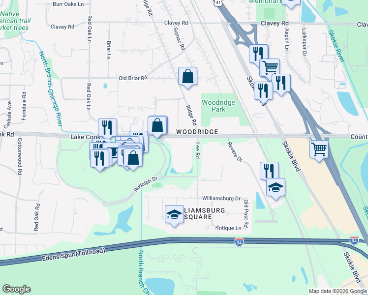 map of restaurants, bars, coffee shops, grocery stores, and more near 1220 Rudolph Drive in Northbrook