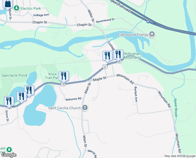 map of restaurants, bars, coffee shops, grocery stores, and more near 14 Maple Street in Wilbraham