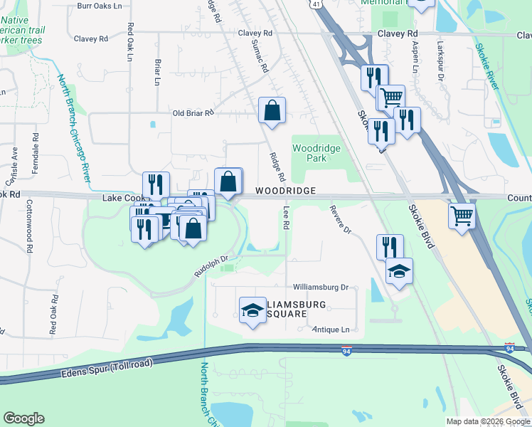 map of restaurants, bars, coffee shops, grocery stores, and more near 1220 Rudolph Drive in Northbrook