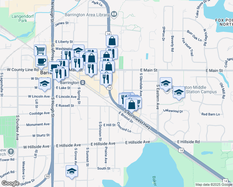 map of restaurants, bars, coffee shops, grocery stores, and more near 217 South Northwest Highway in Barrington
