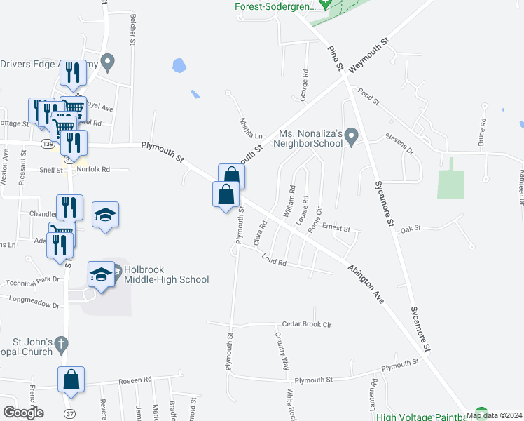 map of restaurants, bars, coffee shops, grocery stores, and more near 22 Abington Avenue in Holbrook