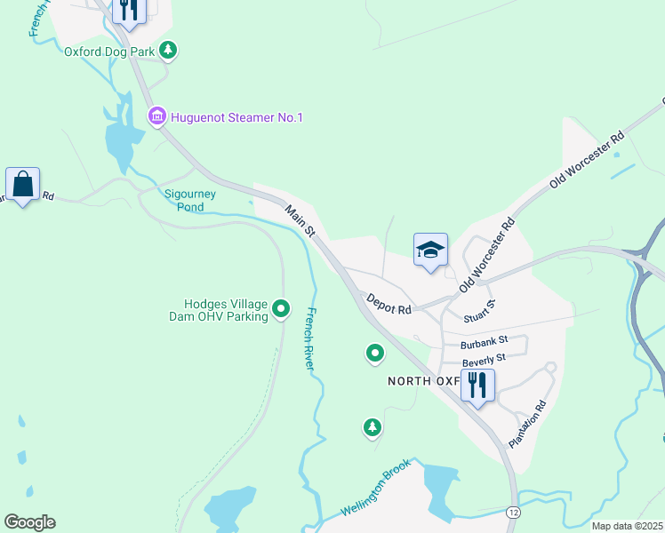 map of restaurants, bars, coffee shops, grocery stores, and more near 605 Main Street in Oxford