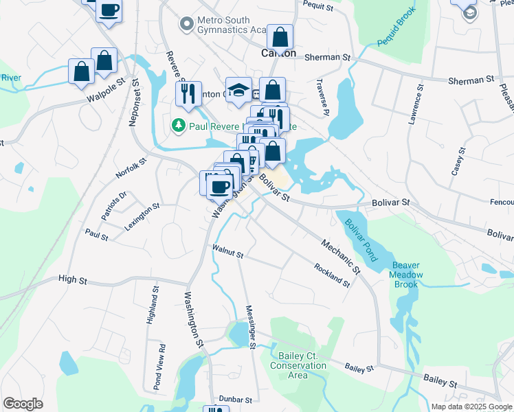 map of restaurants, bars, coffee shops, grocery stores, and more near 27 Howard Street in Canton