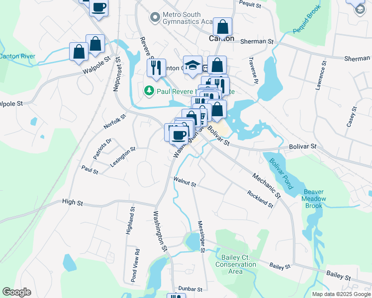 map of restaurants, bars, coffee shops, grocery stores, and more near 501 Washington Street in Canton