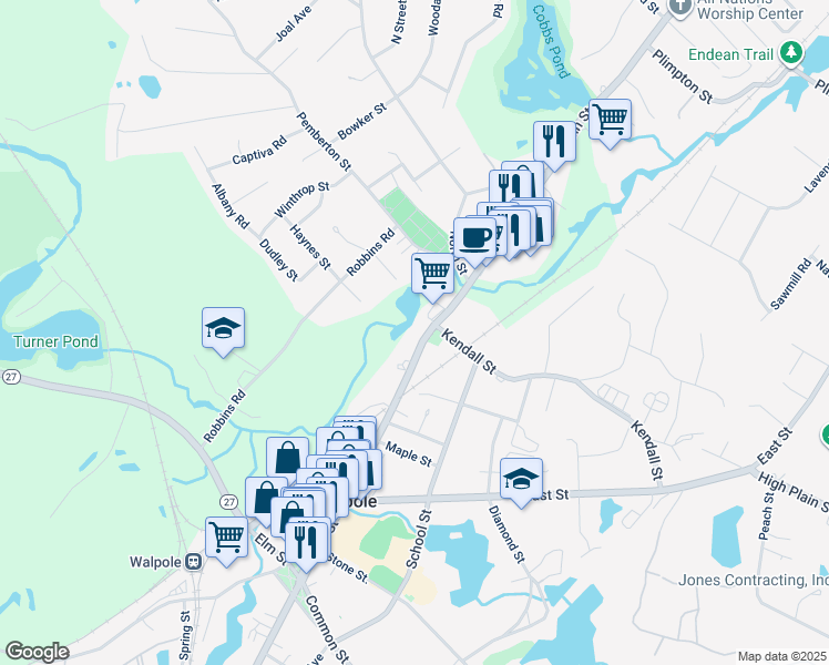 map of restaurants, bars, coffee shops, grocery stores, and more near 801 Main Street in Walpole