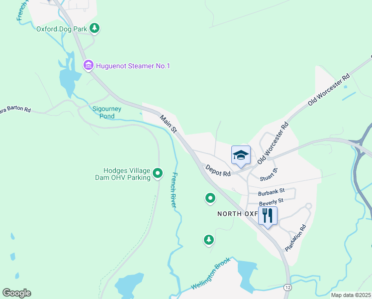 map of restaurants, bars, coffee shops, grocery stores, and more near 605 Main Street in Oxford
